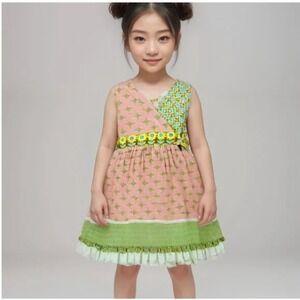 Matilda Jane Summer Dress Girl Size‎ 8 Green Pink Ruffled Skirt Waist Tie